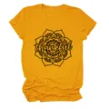 Detail view of the retro mustard yellow short sleeve t-shirt featuring a mandala thankful print. - S / Top (Black Letter Graphic) / Mustard Yellow