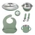 Baby stainless steel tableware set with silicone suction plate, bowl, bib, cup, green. - Army Green 6-Piece Set