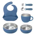 6-piece 304 stainless steel baby tableware set with silicone bib, fork, spoon, and bowls. - Dark Blue