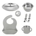Baby feeding set stainless steel suction plate bowl spoon fork cup silicone bib set toddler - Smoke Gray 6-Piece Set