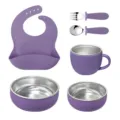 6-piece baby silicone stainless steel tableware set feeding bib bowl cup fork spoon - Deep Pink