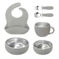 6-piece baby feeding set stainless steel silicone bib bowl spoon fork toddler tableware - Smoke