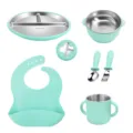 Baby stainless steel tableware set mint green silicone suction plate bowl fork bib cup - Mint Green 6-Piece Set