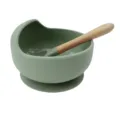 Green silicone baby suction bowl with wooden handle training spoon, toddler feeding set. - Army Green