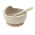 Silicone baby suction bowl and wooden spoon set, anti-drop infant feeding training tableware. - Off White
