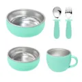 Kids stainless steel silicone tableware set baby feeding bowl spoon fork cup mint green - Stainless Steel Large and Small Bowls, Cup, and Number Fork & Spoon (Mint Green)