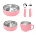 Kids stainless steel silicone tableware set pink bowl fork spoon cup feeding baby items - Stainless Steel Large and Small Bowls, Cup, and Number Fork & Spoon (Pink)