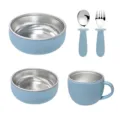 Baby stainless steel tableware set with silicone handles, toddler feeding bowls and cups. - Stainless Steel Large and Small Bowls, Cup, and Number Fork & Spoon (Grayish Blue)