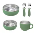 Children silicone 304 stainless steel tableware set feeding bowl spoon fork set green safe baby - Stainless Steel Large and Small Bowls, Cup, and Number Fork & Spoon (Army Green)