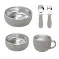 Children stainless steel silicone tableware set, baby bowl, spoon, fork, and cup. - Stainless Steel Large & Small Bowls + Stainless Steel Cup + Number Fork and Spoon Set (Smoky Gray)