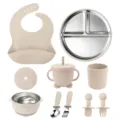 10-piece baby feeding set silicone stainless steel toddler weaning plates bowls spoons cups - Off White