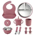 Baby Silicone Stainless Steel Tableware Set Toddler Feeding Utensils Dusty Rose 10Pcs - Deep Pink
