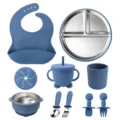 Baby feeding set 10-piece silicone stainless steel partitioned plate bib bowl spoon cup - Dark Blue