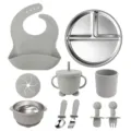Baby feeding set with stainless steel plate bowl silicone bib cup and spoon utensils grey - Smoke