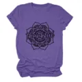 Detail view of purple women's short sleeve t-shirt with thankful mandala graphic print - S / Tops / Purple (Black Print)