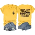 Yellow V-neck short sleeve graphic tee detail showcasing humorous text print and denim shorts. - S / Tops / Yellow (3812)