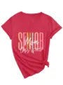 T-shirt femme rouge décontracté à col en V et manches courtes avec imprimé graphique. - S / Hauts / Rouge