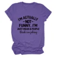Close up detail view of purple short sleeve t-shirt with funny text print on front. - S / Tops / Purple (Black Text)