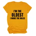 Goudgeel dames t-shirt detail met mooie borstletterprint en opgerolde manchet stijl. - S / Tops / Mosterdgeel (Zwart Lettertype)