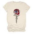 Casual women's beige short sleeve t-shirt featuring a patriotic American flag rose graphic. - S / Tops / Sand