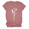 Detailed view of the rose flag graphic and cursive text on this casual women t-shirt. - S / Tops / Rose Gold