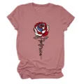 Women's casual round neck short sleeve t-shirt with American flag rose graphic print. - S / Tops / Rose Gold (Black Letters Color Graphic)