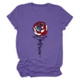 Women's casual heather purple short sleeve t-shirt with American flag rose graphic. - S / Tops / Purple (Black Text)