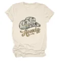 Casual women's short-sleeve crewneck t-shirt featuring a stylish Howdy cowboy hat graphic print. - S / Tops / Sand