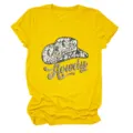 Close up detail of yellow women short sleeve t-shirt featuring graphic print cowgirl hat howdy top. - S / Tops / Yellow