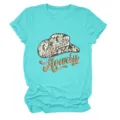 Close-up detail of the cyan short-sleeve t-shirt featuring a chic leopard cowboy hat design. - S / Tops / Light Gray
