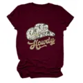 Burgundy short sleeve t-shirt detail showing the Howdy cowboy hat print and rolled cuffs. - S / Tops / Burgundy
