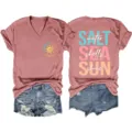 Maglietta casual da donna con scollo a V e maniche corte con stampa vacanza dettaglio. - Taglia S / Top / Oro Rosa (Stampa Bianca)