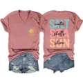 Donna casual scollo V manica corta t-shirt grafica abbinata pantaloncini denim - Taglia S / Top / Oro Rosa (Stampa Nera)