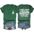 Women's green V-neck short sleeve graphic t-shirt with funny text print front back casual top - S / Tops / Vintage Green
