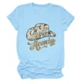 Light blue women's short sleeve t-shirt featuring a western cowboy hat and howdy leopard print graphic. - S / Tops / Light Blue