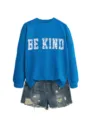 Blaues Freizeitsweatshirt mit Blumen-Buchstaben-Print und Jeansshorts für Damen. - S / Oberteile / Seeblau