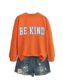 Damen orange Langarm Sweatshirt mit blauem Blumen Buchstabe Druck und Jeansshorts - S / Oberteile / Orange