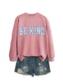Felpa rosa casual da donna con stampa di lettere floreali blu per autunno stile moda. - Taglia S / Top / Oro rosa