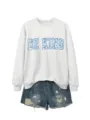 Felpa grigia casual con dettaglio di stampa lettere BE KIND floreale blu elegante. - Taglia S / Top / grigio-bianco