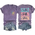 Maglietta con scollo a V in lavaggio minerale viola con stampa grafica da spiaggia. - Taglia S / Top / Viola