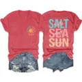 Vista dettagliata di una t-shirt casual da donna con scollo a V e stampa grafica. - Taglia S / Top / Rosso