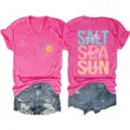 Donna Casual Scollo V Manica Corta T-Shirt Estate Spiaggia Lettera Stampa Top - Taglia S / Top / Rosso rosa