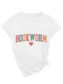 Casual dames V-hals korte mouw T-shirt met bookworm grafische print en trendy knoopdetail. - S / Tops / Wit