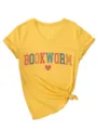 Dames Casual V-Hals Korte Mouw Gele T-Shirt Voorzien van Bookworm Letter Print Topje - S / Tops / Geel