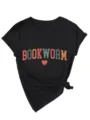 Dames V-hals korte mouw T-shirt casual Bookworm letterprint knoop zoom top shirt - S / Tops / Zwart