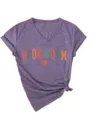 Casual dames V-hals korte mouw t-shirt met boekwurm grafische print en stijlvolle zijknoop. - S / Tops / Paars