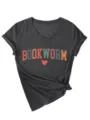 Dames V-hals korte mouw T-shirt casual Bookworm grafische top opgerolde zoom knoop - S / Tops / Zwartgrijs Gemêleerd