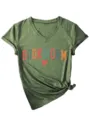 Casual dames V-hals t-shirt met korte mouwen, boekwurm grafische print en zijknnoop. - S / Tops / Olijfgroen
