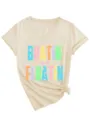 Γυναικείο casual T-shirt με V-lute κοντομάνικο με γραφική στάμπα και κομψό σχέδιο κόμπου. - S / Tops / Χρώμα της Άμμου