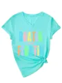 Λεπτομέρεια τρκουάζ t-shirt V λαιμόκοψη κοντό μανίκι με ρεβέρ και κόμπο γραφικό. - S / Tops / Βαθύ Μπλε του Νερού